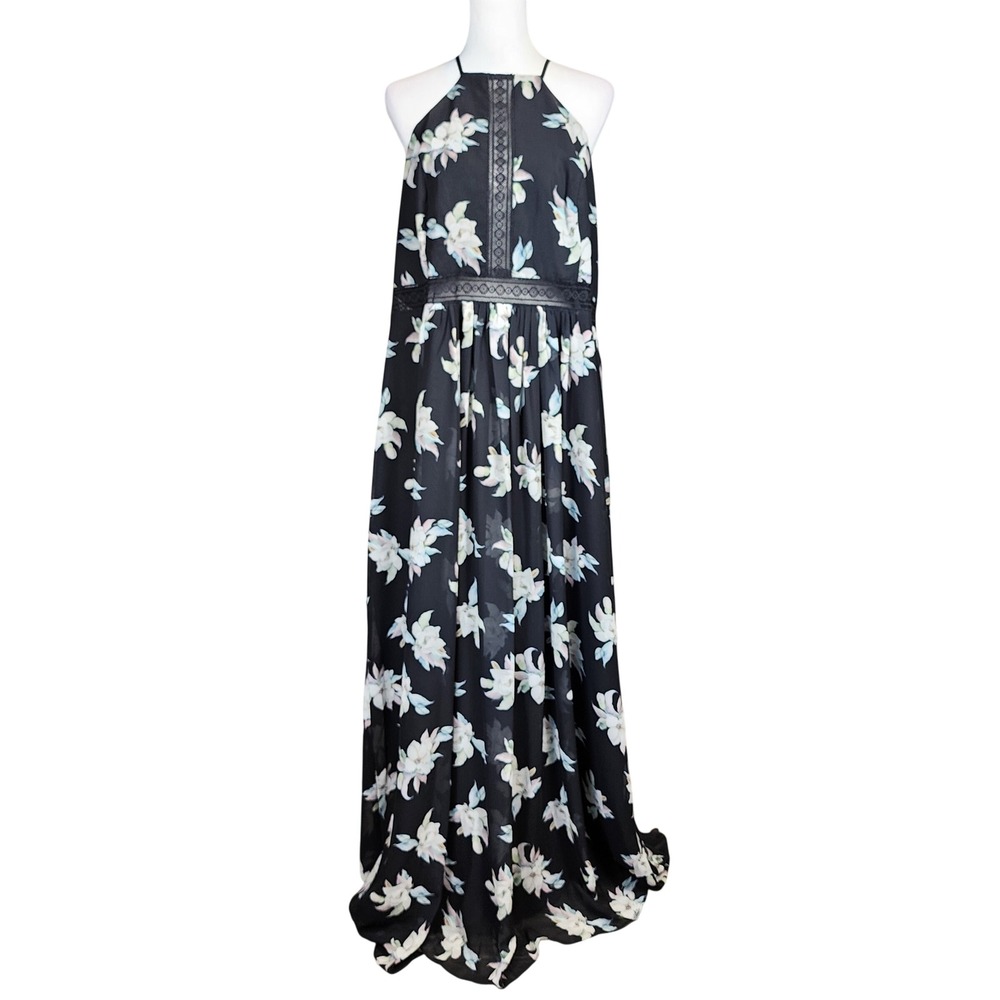 DB Studio Black Floral Halter Maxi Dress Lace Detail Womens 20 Wedding Party